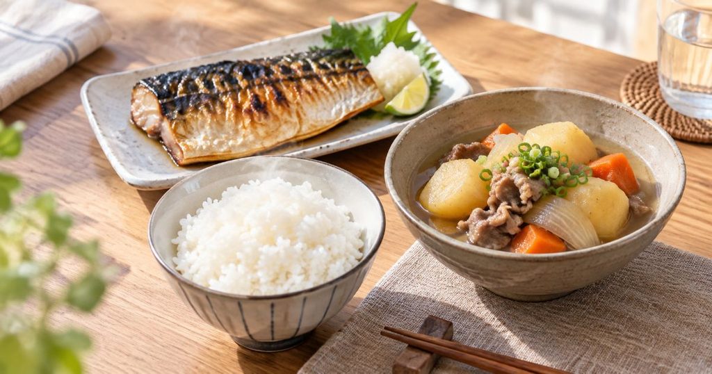 焼き魚と白ごはんと煮物を並べた食卓