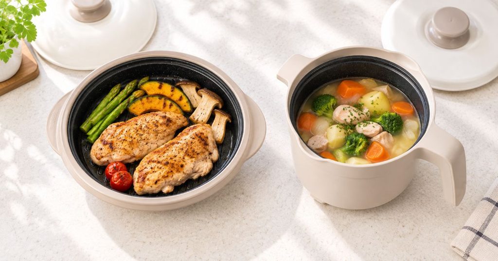主菜を入れたレンジメート プロとスープを入れたマグポット