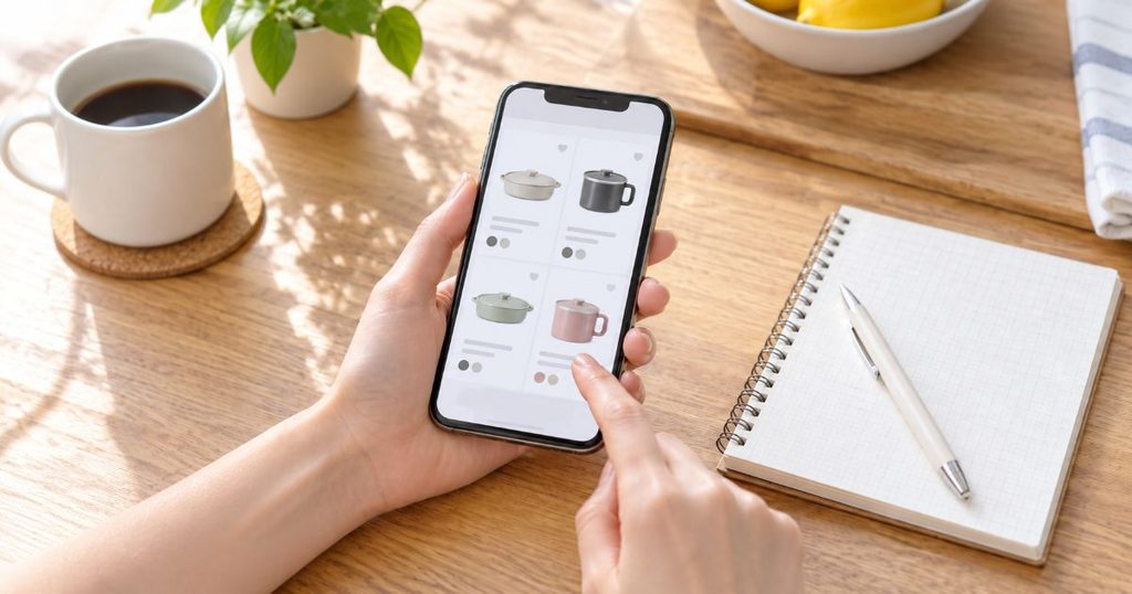 スマートフォンで浅型と深型の調理器を比較している手元