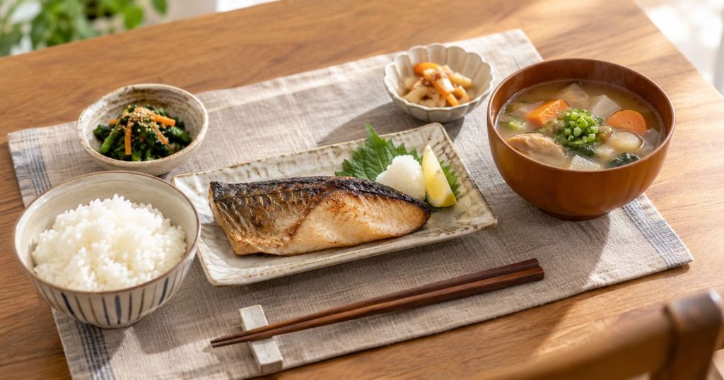 焼き魚と具だくさん汁を組み合わせた一人分の和食