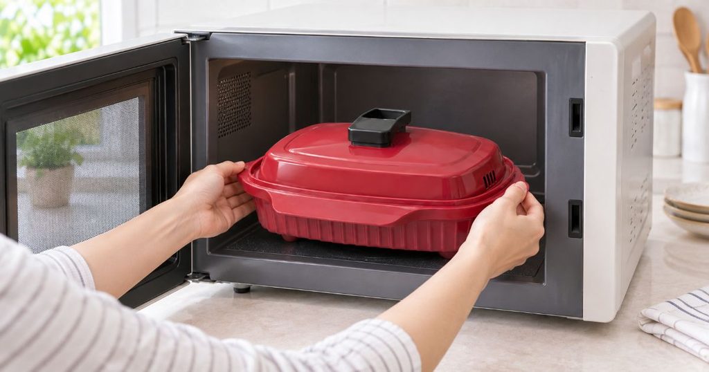レンジメート ワイドを電子レンジ庫内へ入れている様子