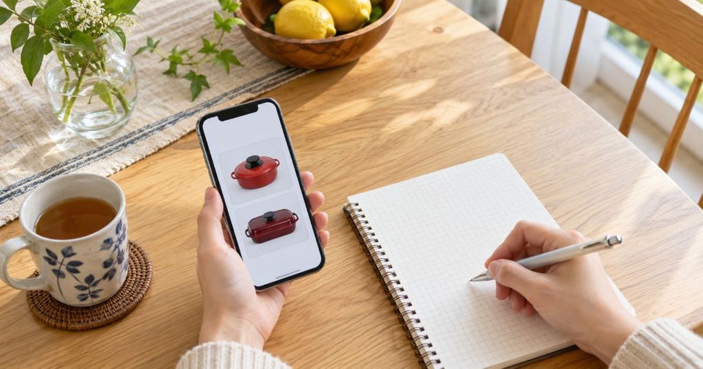 スマートフォンで丸型と角型の調理器具を比較しながらノートに書く手元