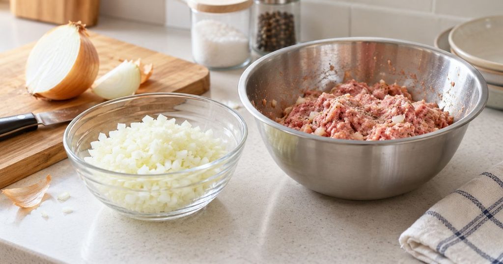 みじん切りした玉ねぎと肉だねを用意した下ごしらえの画像