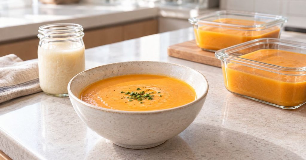 ポタージュや甘酒、作り置きスープを並べたキッチン
