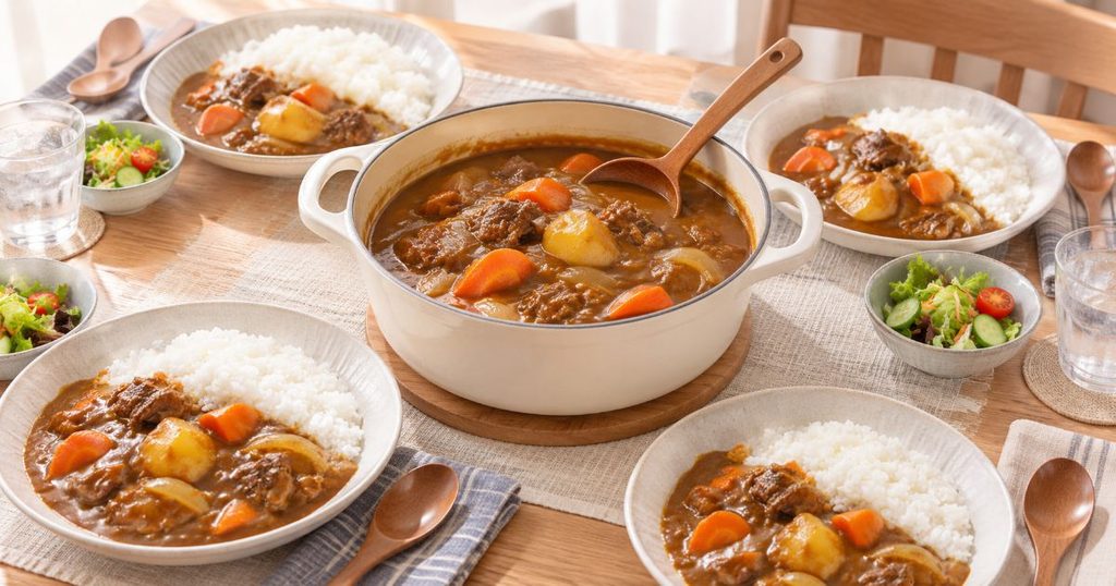 家族分のカレーと4人分の食器を並べた食卓
