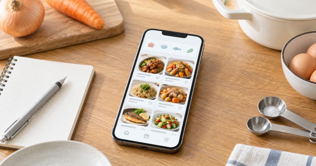 スマートフォンで複数の料理候補を見ながら献立を考える食卓