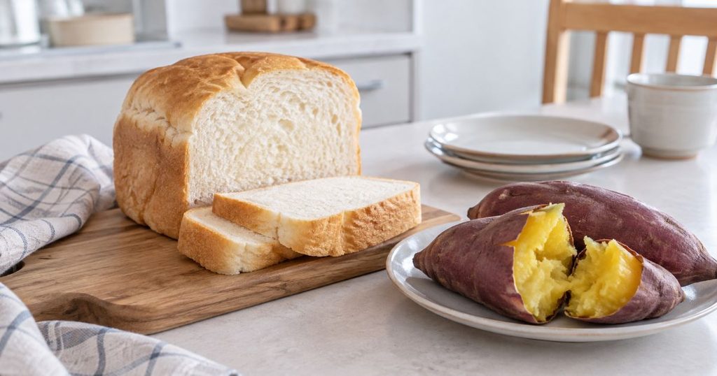米粉パンと焼きいもを並べた食卓