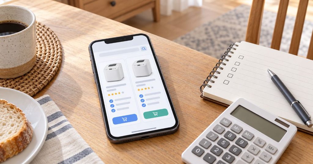 スマートフォンでホームベーカリーを比較している食卓