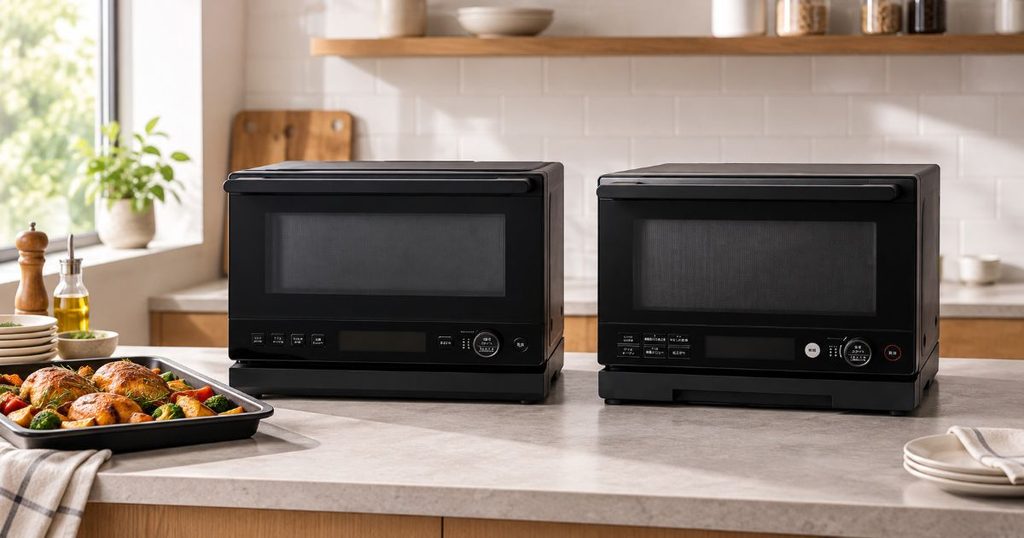 SX-23G151とSX-20G251を並べ、焼き料理と省スペース性の違いを表したキッチン