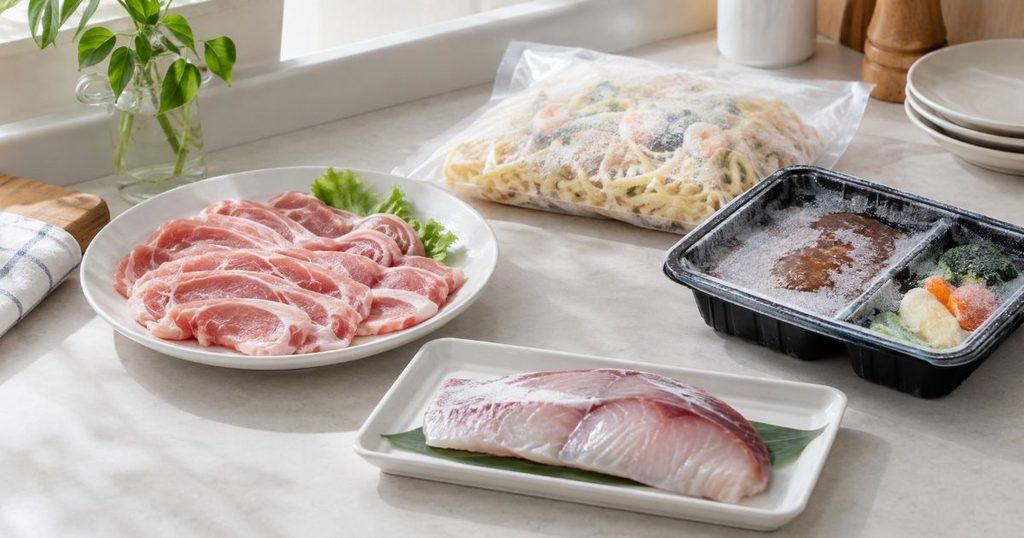 解凍した肉と魚、冷凍弁当、冷凍パスタを並べたキッチン