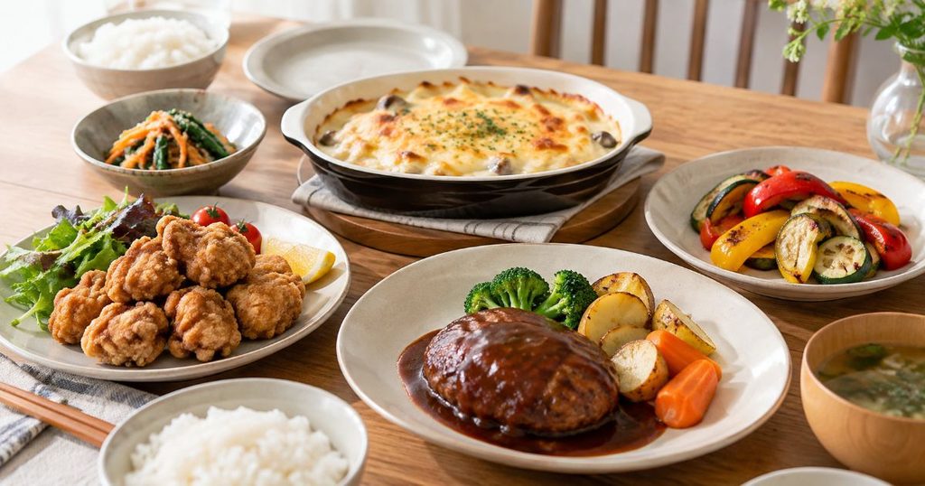唐揚げ、ハンバーグ、グラタン、焼き野菜を並べた家庭料理