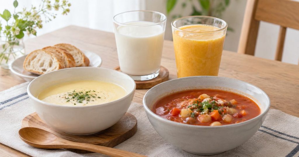 ポタージュ、ミネストローネ、豆乳、ジュースを並べた食卓