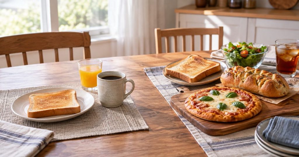 シンプルなトーストとピザや総菜パンを並べた食卓の比較イメージ