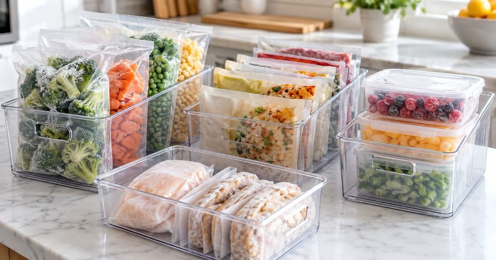 冷凍食品を種類別に整理した透明収納ケース