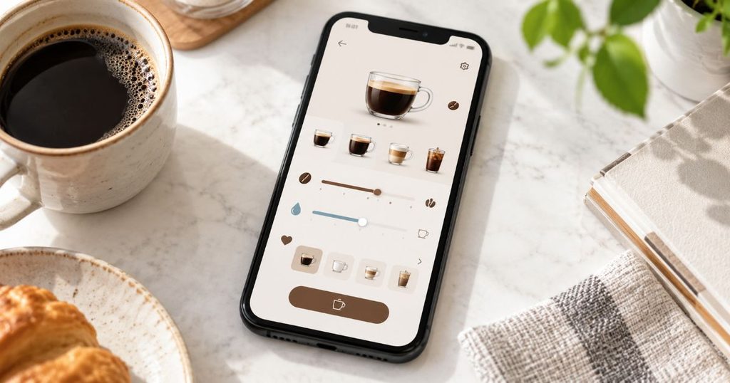 コーヒー設定画面を表示したスマートフォン