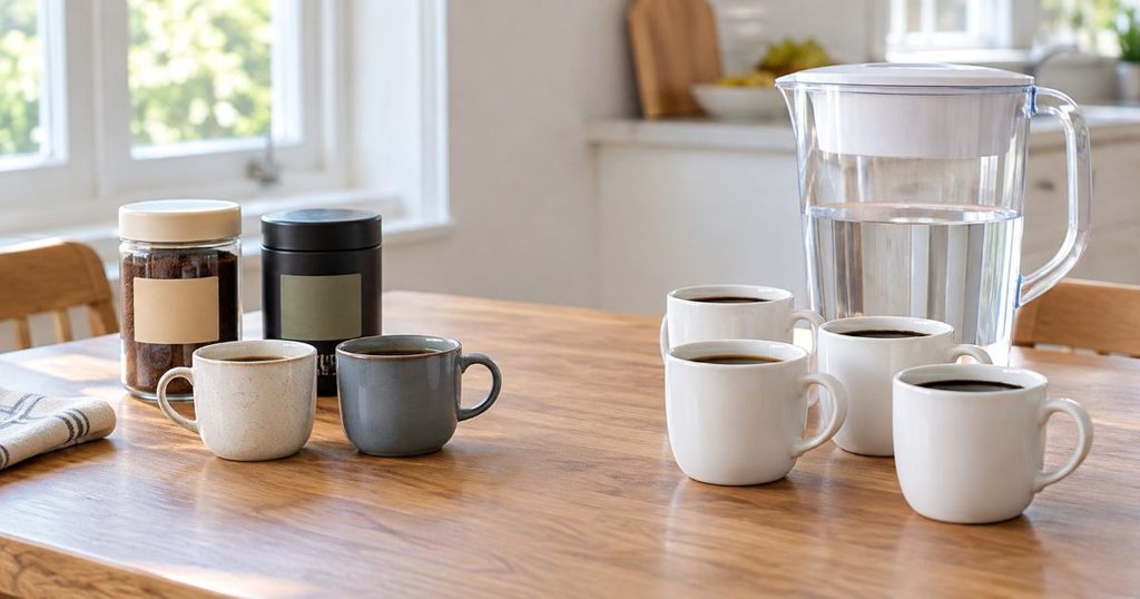少量用と複数杯用に分けたコーヒーカップと水ピッチャー