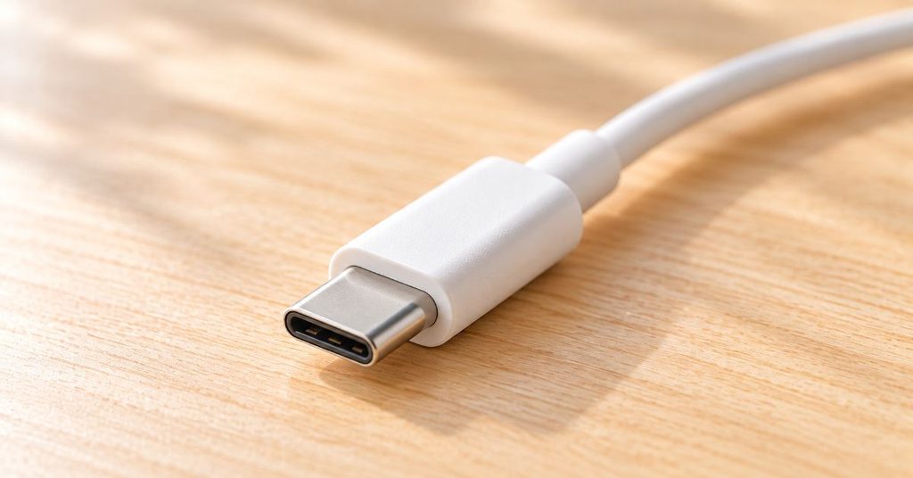 木目のテーブルに置いたUSB Type-Cケーブルの端子