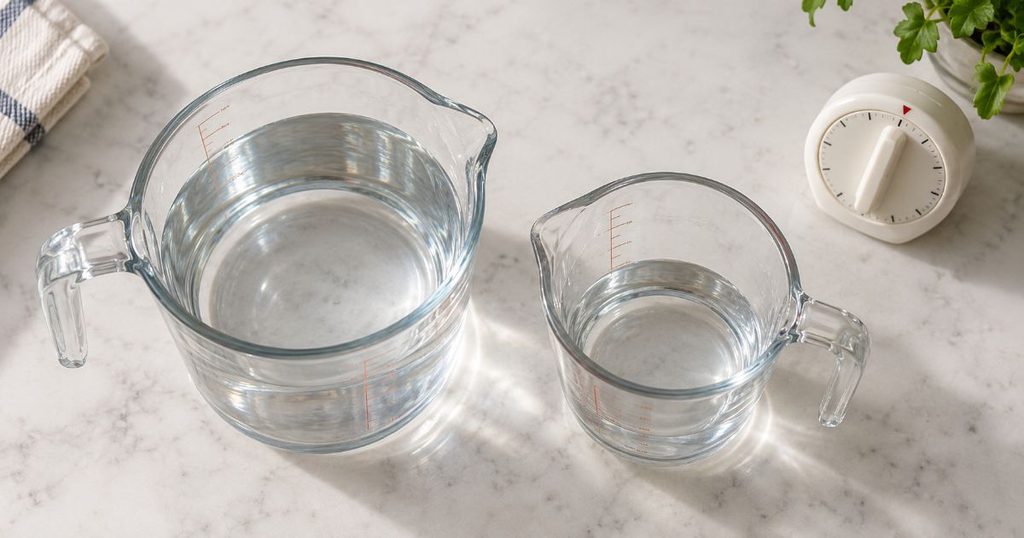 水量の異なる2つの計量カップとキッチンタイマー