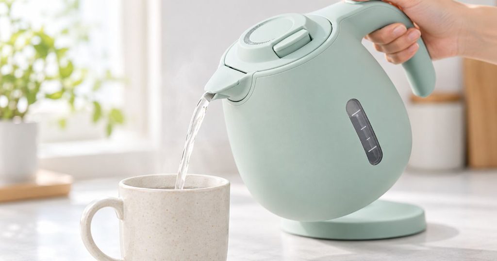 電気ケトルからマグカップへお湯を注ぐ様子