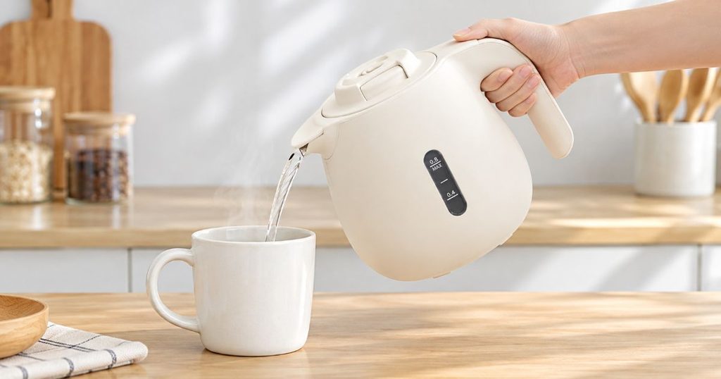 CK-JA08から白いマグカップへお湯を注いでいる様子