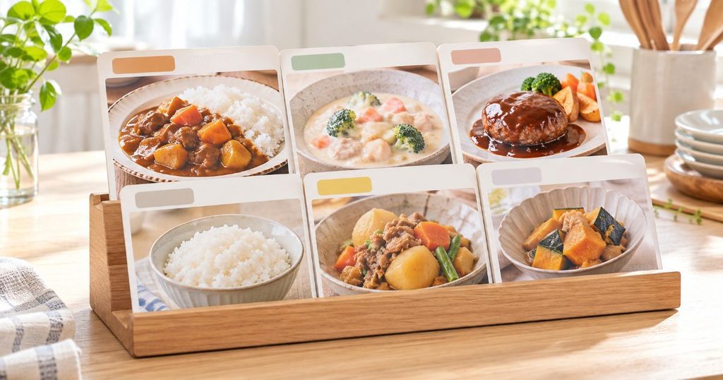 カレーや煮込み料理などを並べたレシピカード