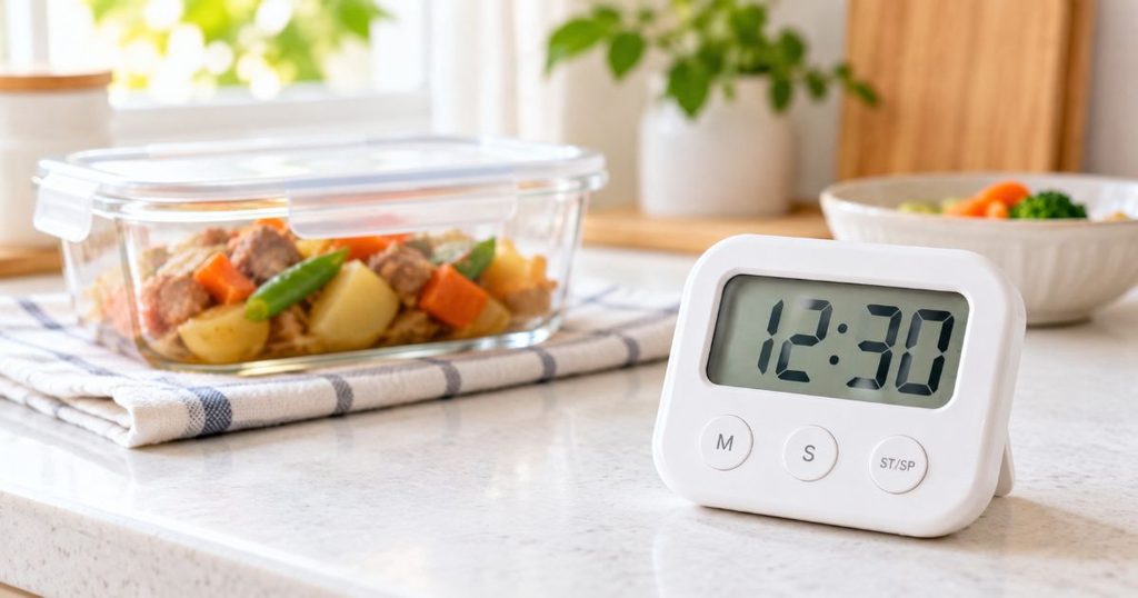 作り置き料理と12時30分を表示したキッチンタイマー