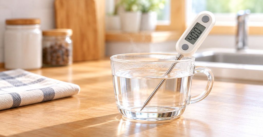 湯を入れた耐熱グラスの温度を温度計で測っている様子