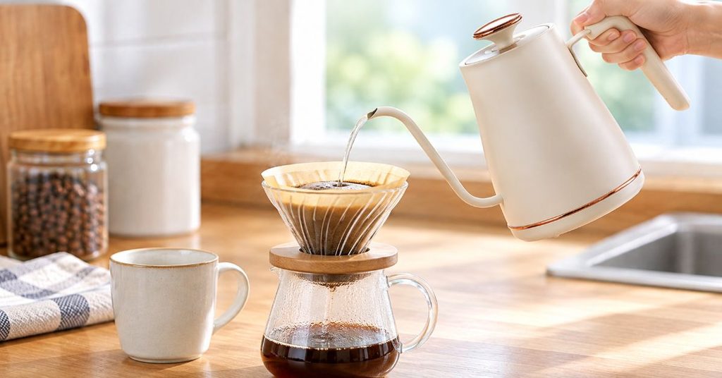 細口ケトルからコーヒードリッパーへ湯を注いでいる様子