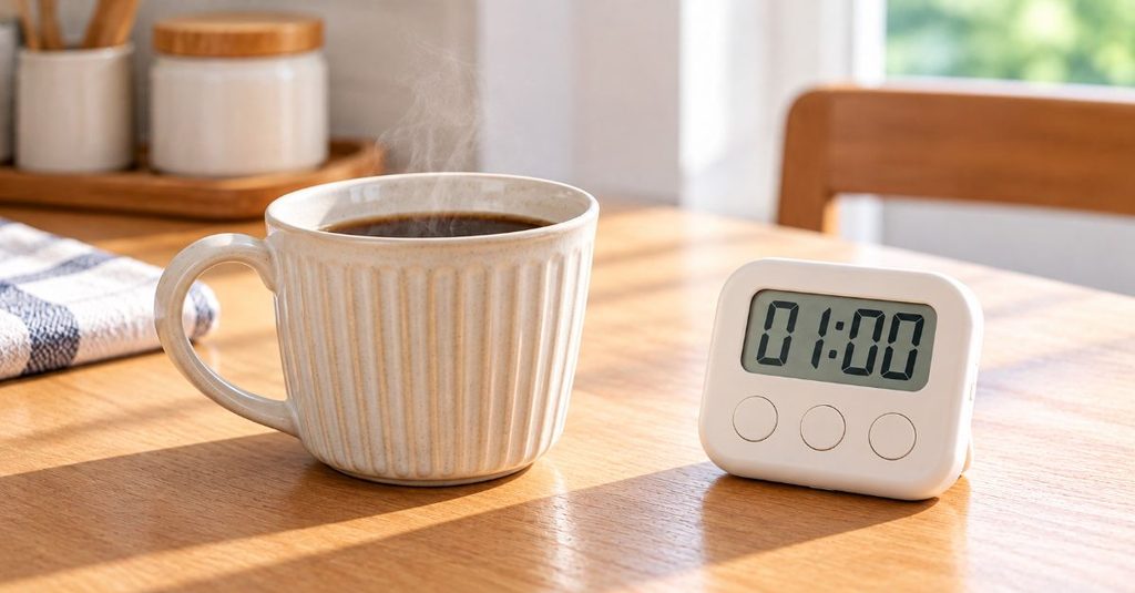 温かい飲み物のマグカップと01:00を表示したキッチンタイマー