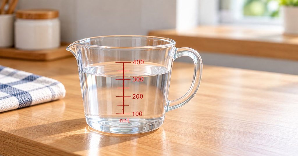 約300mLの水が入った透明な計量カップ