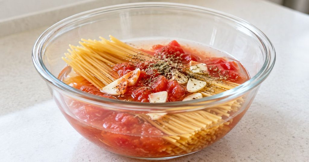耐熱ボウルに入れたパスタとトマトソースの材料