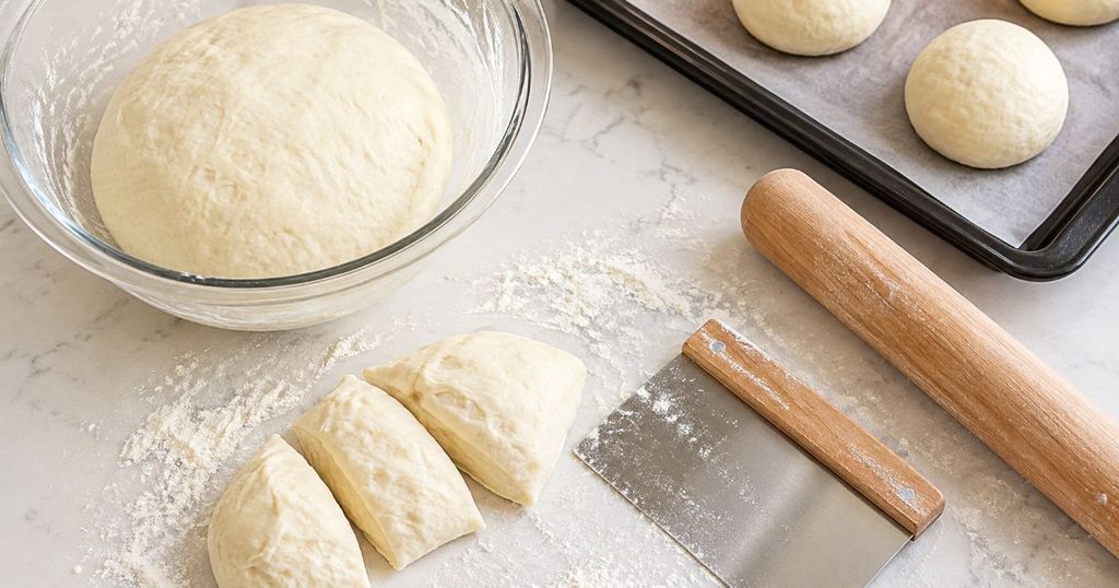 パン生地とめん棒・スケッパーを使ったパン作りの準備風景