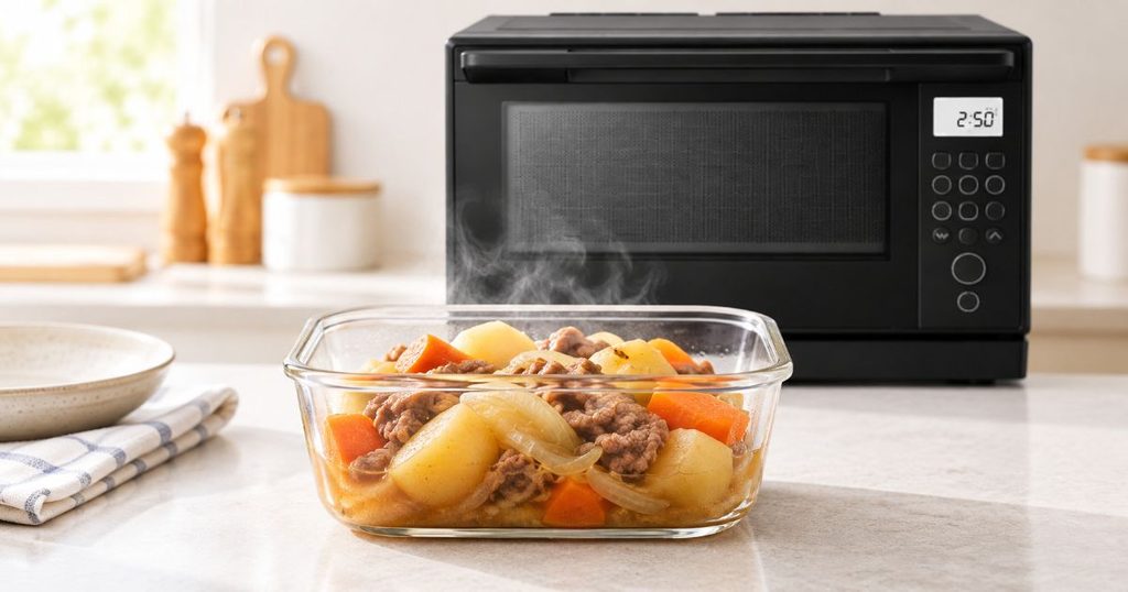 オーブンレンジの前に置いた肉じゃが入りの耐熱容器