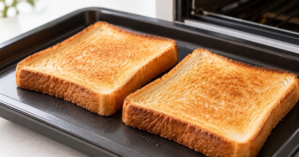 黒い角皿に並べた焼き上がったトースト2枚