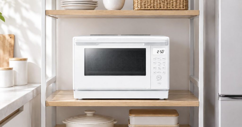 キッチンラックに設置したホワイトのオーブンレンジ