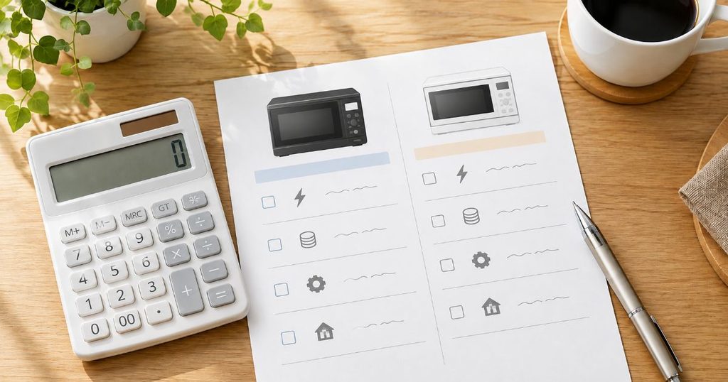 電卓とオーブンレンジ2機種の比較メモを置いたテーブル