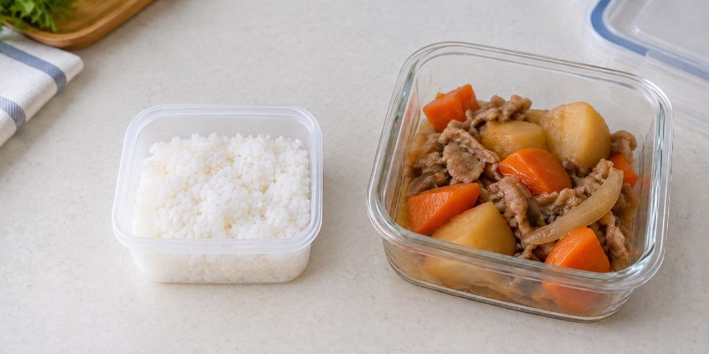 1食分の冷凍ご飯と肉じゃがを入れた保存容器