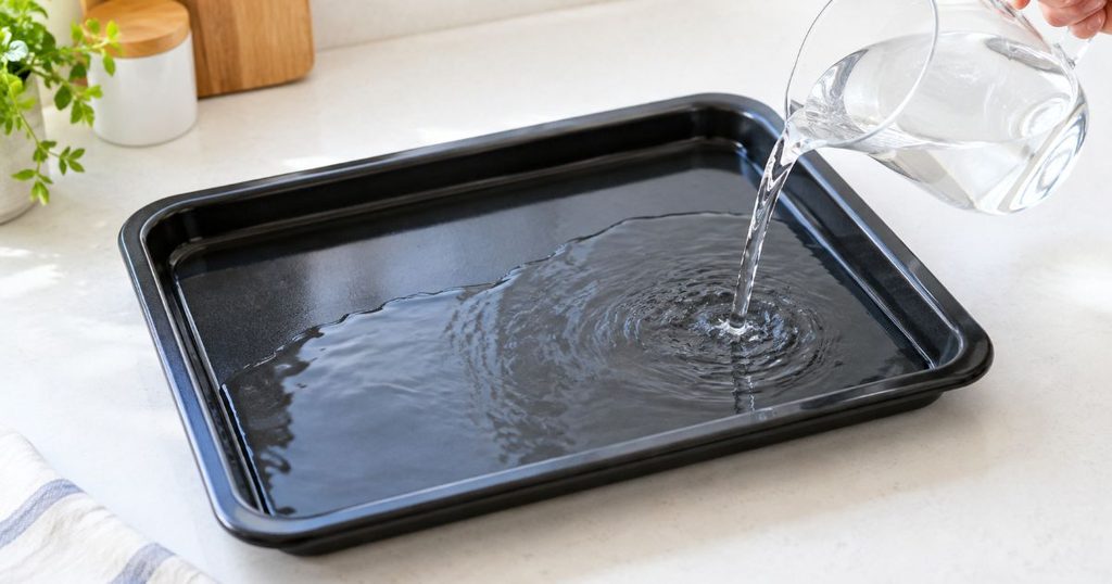 黒い角皿に透明ピッチャーから水を注ぐ様子
