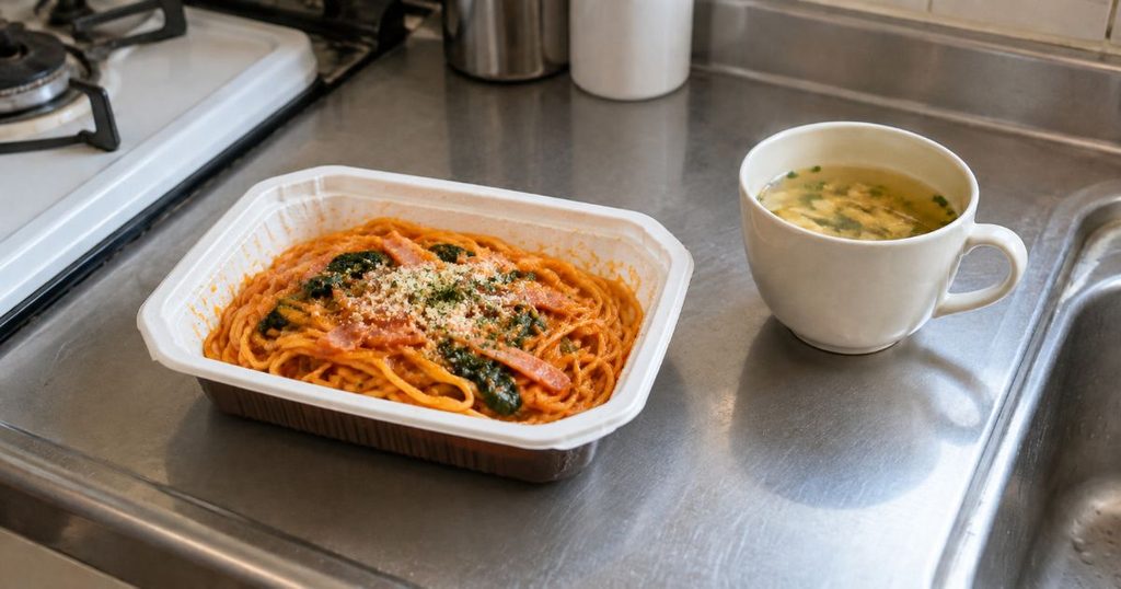 トレー容器入りの冷凍パスタとカップスープ