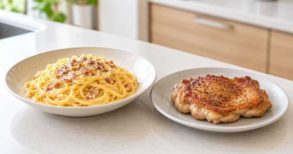 冷凍パスタとチキンステーキを並べた調理イメージ