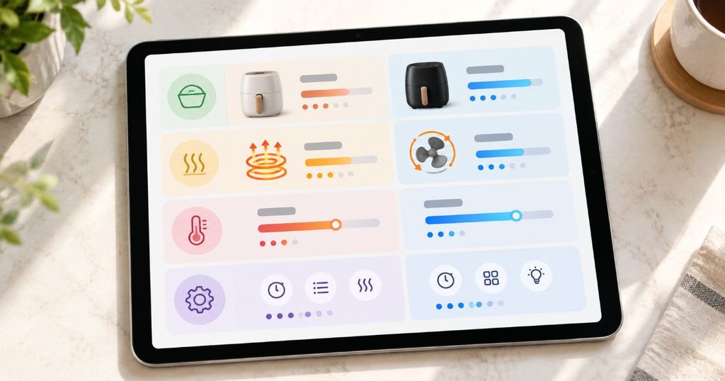 エアフライヤーの違いを比較するタブレット画面