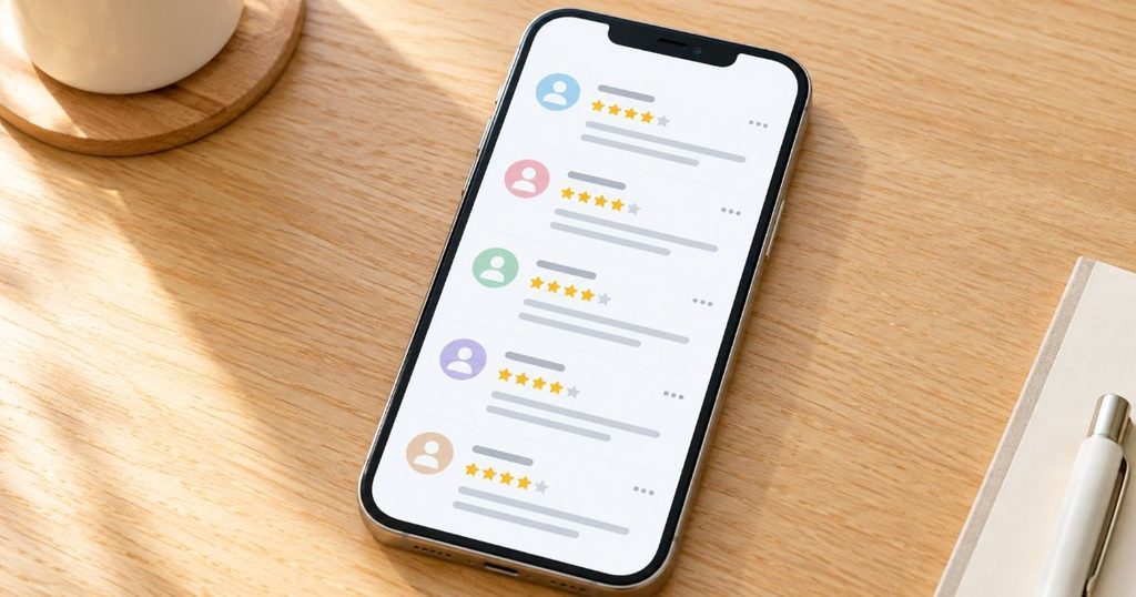 スマートフォンに表示された口コミ一覧風の画面