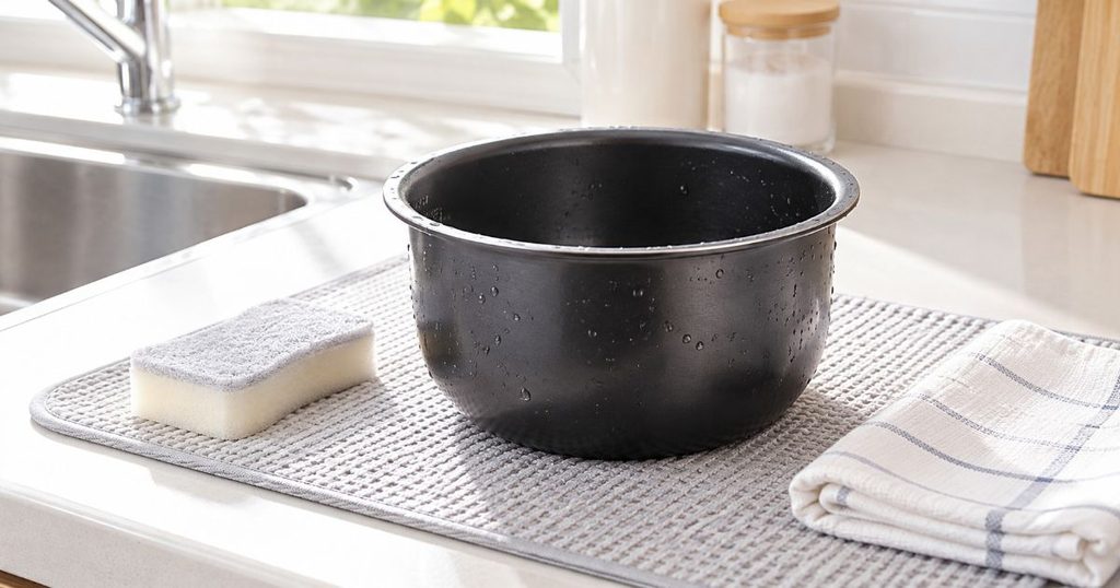 洗った炊飯器の内なべとスポンジとふきん