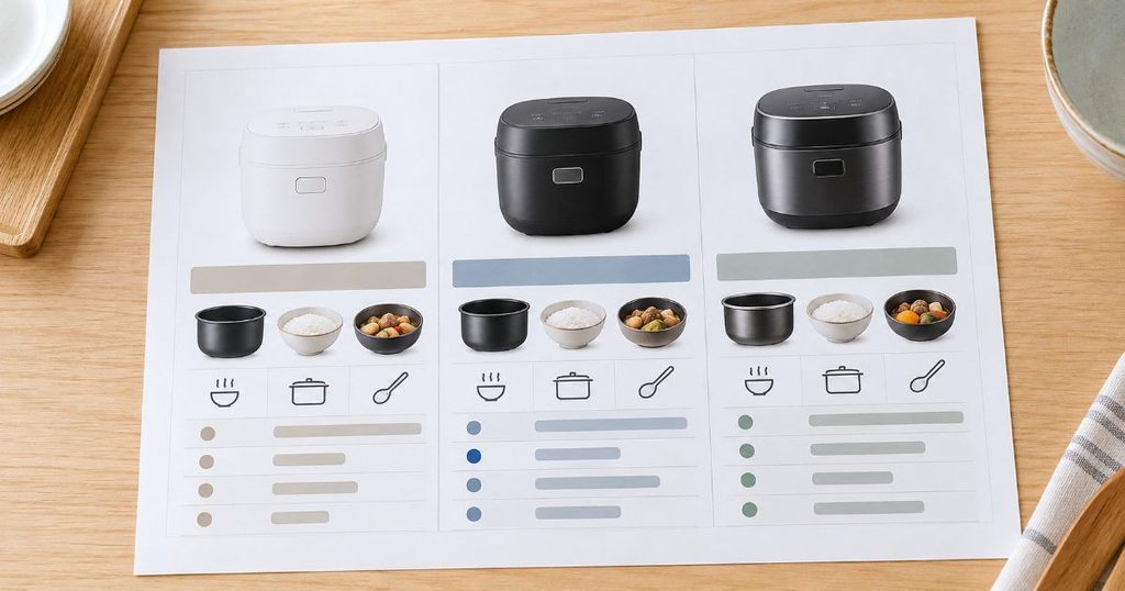 3種類の炊飯器を並べた比較シート