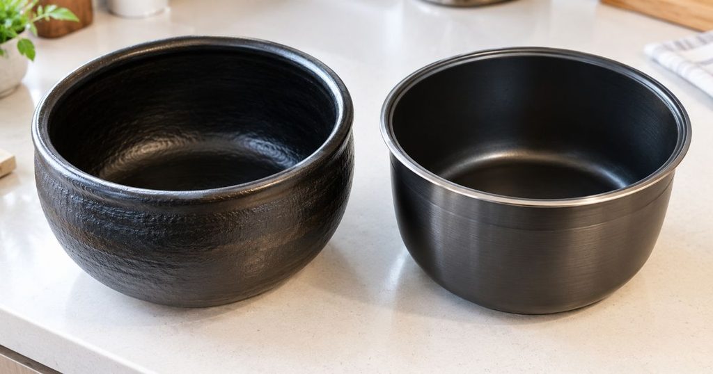 本土鍋風の内釜と金属製内釜を並べた様子