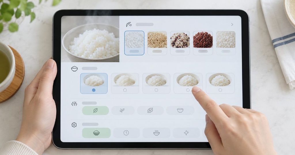 米の種類や食感を選ぶ炊き分け設定画面を表示したタブレット