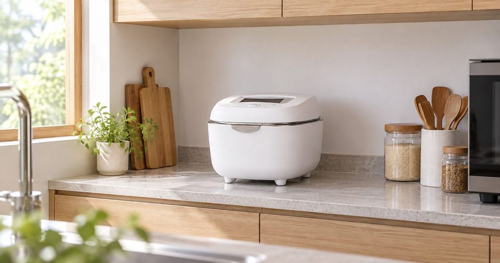 キッチン収納下に設置した炊飯器と周囲のスペース