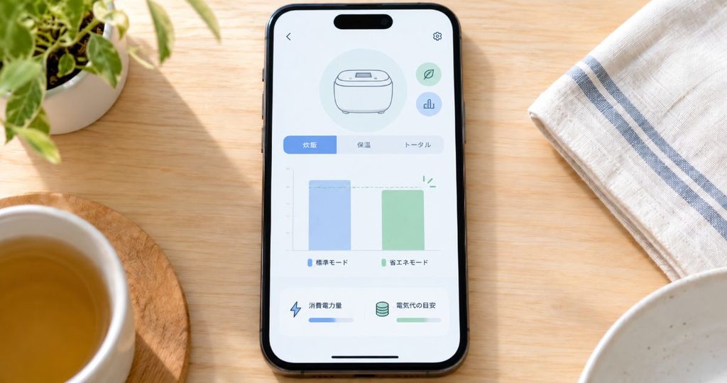 炊飯と保温の電力使用量を表示したスマートフォン