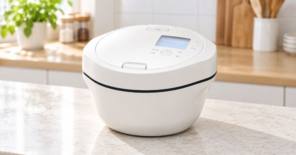 キッチンカウンターに置いた1.6Lの白いホットクック