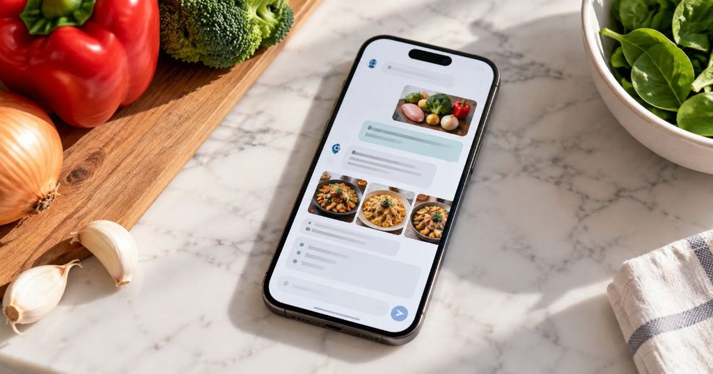 スマートフォンで食材から献立を相談しているイメージ